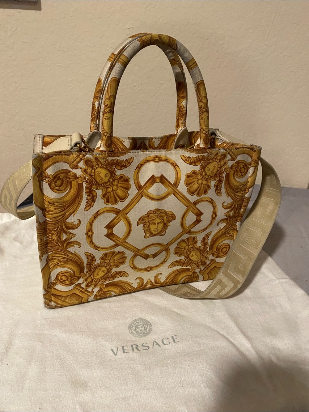 Versace Tote Bag in Gold and White Barocco Print - Well Loved See Pics for wear